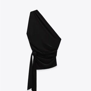 Beautiful Zara Asymmetric Tie One-Shoulder Top Black size M